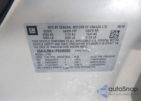 2015 GMC Terrain Sle-1 z USA, uszkodzony, nr VIN 2GKALMEK5F6396900